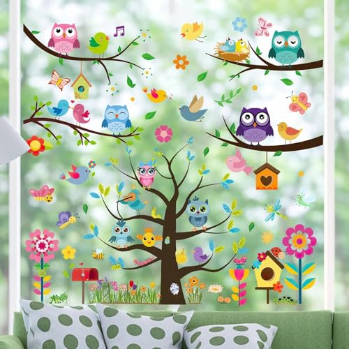9Pcs Fensterscheiben Fensterbilder Selbstklebend Fensterdeko Frühling Abziehbilder Niedlich Vögel Eulen, Fensteraufkleber Blumen Topfpflanze Fenstersticker, Kinderzimmer Party Ostern Deko Zubehör