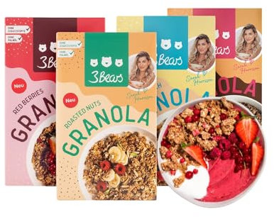 3Bears Granola Set | 4 granole croccanti e vegane con arachidi, cacao, mandorle, nocciole, fragole, ribes, cocco, cannella, 4x325g | Senza zucchero industriale | In collaborazione con Sarah Harrison