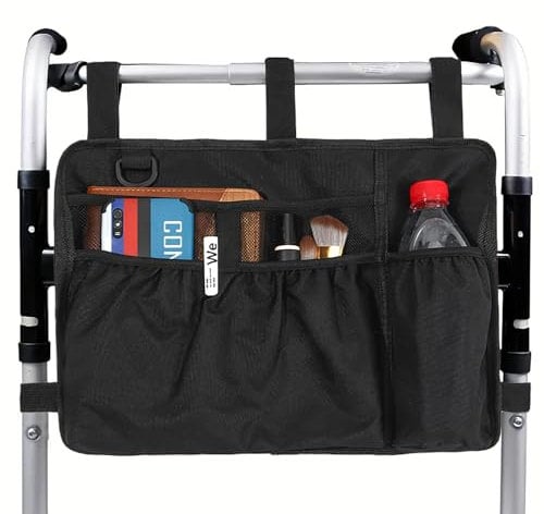 Dongawin Walker Bag Basket with Cup Holder Suit for Adult Folding Walkers Rollator Organizer Carry Storage Pouch Water-Resistant Armrest Accessories for Seniors, Elderly, Handicap (black)