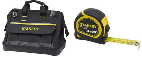 STANLEY 600 Denier Open Mouth Tote Tool Bag, Multi-Pocket Storage Organiser for Tools and Small Parts, 16 Inch, 1-96-183 & Tylon 8m/26ft Pocket Tape Yellow/Black, 0-30-656