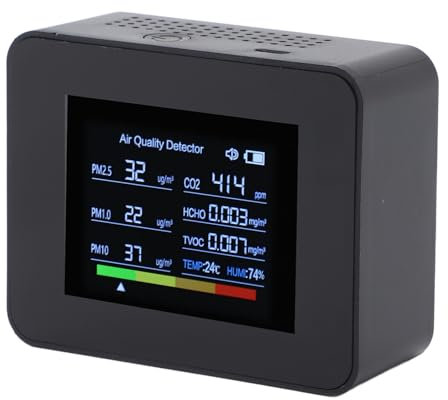 CO2-Detektor mit NDIR-Sensor, Messgerät für Raumluftqualität PM2,5 HCHO TVOC, 8-in-1-CO2-Detektor, Temperatur- und Luftfeuchtigkeitsalarm, Wiederaufladbarer Akku, Tragbares