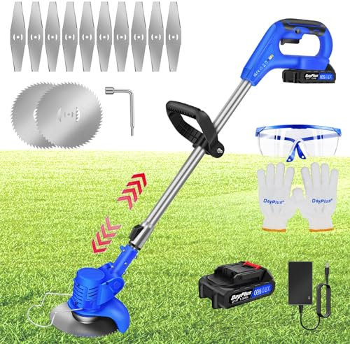 21V Grass Strimmer Cordless Grass Trimmer Electric Garden Edger Tool with 1500mAh Battery & 12pcs Metal Strimmer Blades, Lightweight Telescopic Brush Cutter for Garden Clearing Weeds Flower Trees