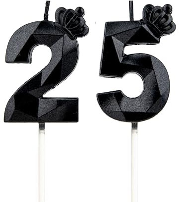 Geburtstagskerzen Zahlen 25 mit Krone,3D Kerzen Geburtstag für Kuchen geburtstagsdeko, Geburtstag Kerzen Zahlen, Geburtstagskerzen Kinder für Partys, Hochzeiten, Firmenfeiern, Jubiläen (Schwarz, #25)