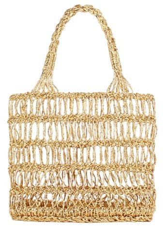 FUNSEED Stroh-Strandtasche für Damen, Gold- und Silber-Handtasche für Strand, Schwimmbad, Gold, Small