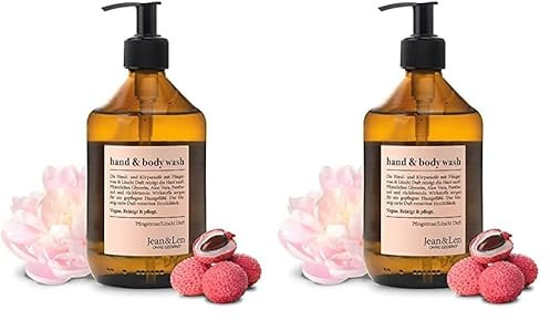 Jean & Len Hand & Body Wash Pfingstrose & Litschi, reinigt und pflegt die Haut beim Waschen, blumig-zarter Duft, Duschgel & Seife, ohne Parabene, Silikone & Mikroplastik, vegan, Glasflasche 500 ml