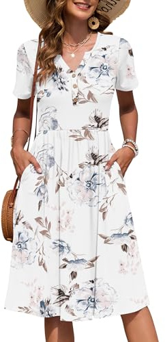 AUSELILY Robe Femme d'été à Manches Courtes Longueur Genou avec Poches | Col en V, avec Boutons, Mi-Longue, Style Empire