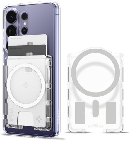 Spigen Ultra Hybrid MagFit+ 3-Karten Wallet für Samsung Galaxy Serie | MagSafe-Kartenhalter mit MagSafe Zusatzhalterung für Magnet-Hüllen der Samsung Galaxy S26/S25/S24 - Kristallklar