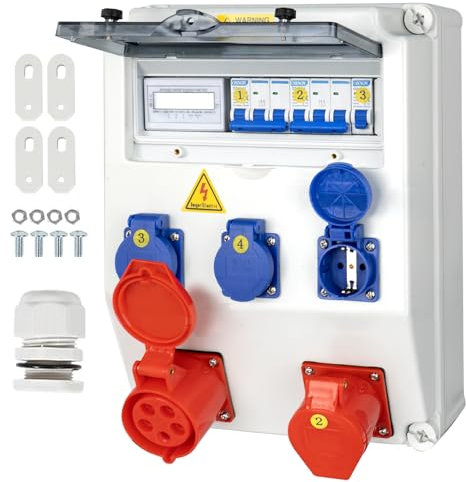CHENGPI Baustromverteiler,IP65 Wasserdicht Stromverteiler mit Leitungsschutzschalter und Stromzähler,Wandverteiler mit IP54 230V/16A Schuko Steckdose und 380V/16A CEE Steckdose,Ramped Socket Box