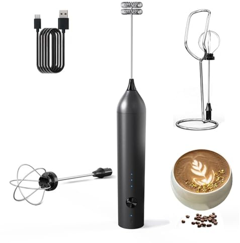 Hemixye Rechargeable Milk Frother Wand with Stand-Electric Whisk 3 Speed Adjustable,Drink Mixer Handheld with 2 Stainless steel Stirrers,Hand Coffee Frother for Lattes Cappuccino Protein Powder Egg