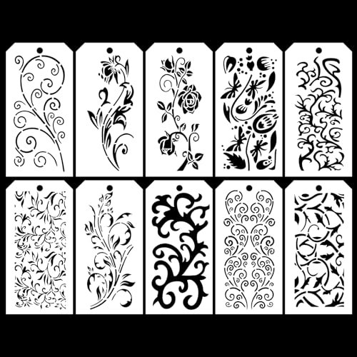 10 pièces Pochoirs de bordure de fleurs pour grands, Pochoirs d'angle floraux de 9,4 x 4,7 pouces pour peindre sur les murs, les meubles en bois les panneaux en porcelaine le sol le scrapbook