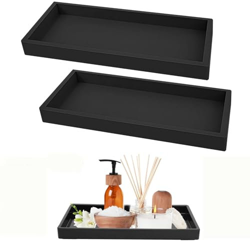 Plateaux Décoratifs en Silicone Noir,2 Pièces Plateau Rectangulaire Antidérapant pour Salle de Bain,Cuisine,Vanité, Baignoire et Lavabo - Décoration Moderne et Pratique