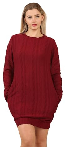 INSAFIANS Women's Cable Knit Jumper Dress Elegant Look Bodycon Sweater Tunic Tops Pullover Mini Dress with Side Pockets (Maroon XL)