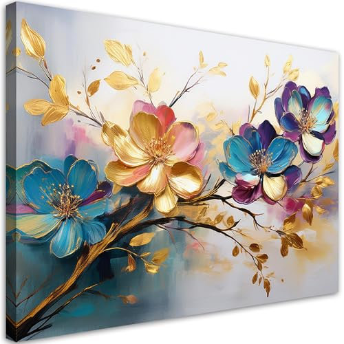 Feeby Leinwand Bilder - Bild Wohnzimmer - Bunte Blätter und Blumen - 120x80 cm XXL 1tlg - Deko Schlafzimmer Groß - Dekoration Canvas - Gemälde - Modern Wandbilder - Kunstdruck