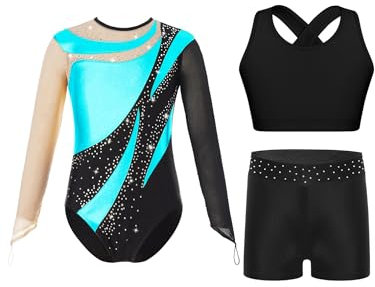 FEESHOW Mädchen Gymnastikanzug Langarm Mit Kurze Hose Und Tank Top Patchwork Glitzer Turnanzug Kinder Gymnastik Tanzkleidung Türkis 134-140
