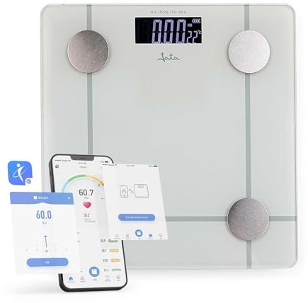 JATA HOGAR HBAS1524 - Báscula Inteligente Digital con App, Análisis Corporal 11 Parámetros, Bluetooth, 180 kg, IMC, Grasa Corporal, Masa Muscular, 8 Usuarios, Pantalla LCD