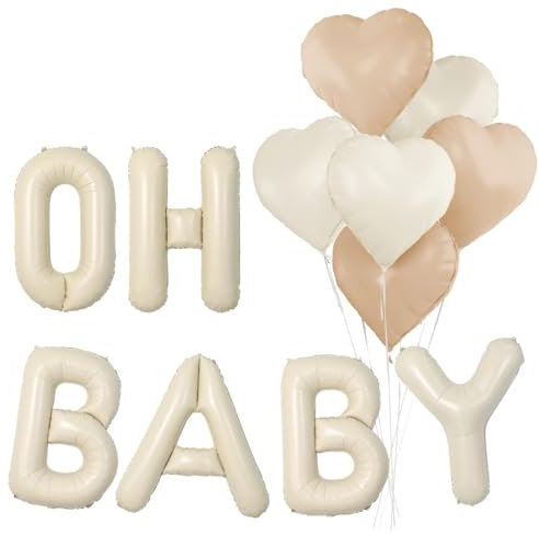 Oh Baby Luftballon, 16 Zoll Cremeweiß OH BABY Buchstaben Folienballon, Beige Luftballon Herz Folienballon，Oh Baby Deko für Babyparty Baby Shower Junge Mädchen