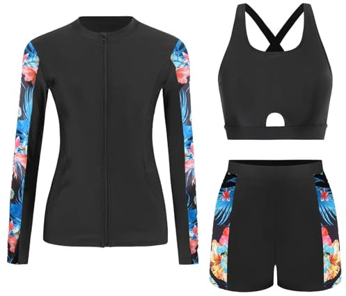 Ausing Ensembles Rashguard pour Femmes 3 Pièces Anti-UV Ensemble Maillot de Surf Protection Solaire Plage L