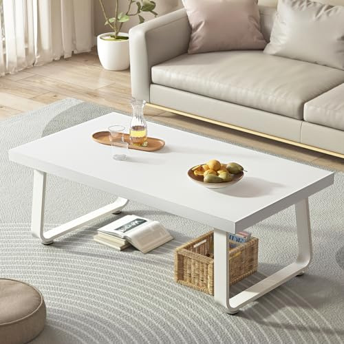 HSH Table basse blanche, moderne et simple, rectangulaire pour salon, table centrale en bois et pieds en métal, table centrale pour chambre à coucher, table basse minimaliste en bois de ferme, pour