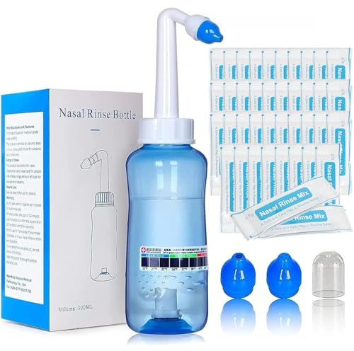 SAMLINSU Neti Pot Kit, Upgraded Automatic Sinus Rinse Bottle 300ml, 40 Nasal Wash Salt Packets and Sticker Thermometer, Nose Wash Cleaner Pressure Rinse Nasal Irrigation for Adult & Kid BPA Free