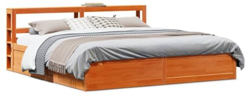 QJBSAVVA Massivholz Doppelbett 200x200 cm Kiefer Wachsbraun mit Lattenrost und Ablage Regalböden Modernes freistehendes Bettgestell für Schlafzimmer Jugendzimmer Gästezimmer