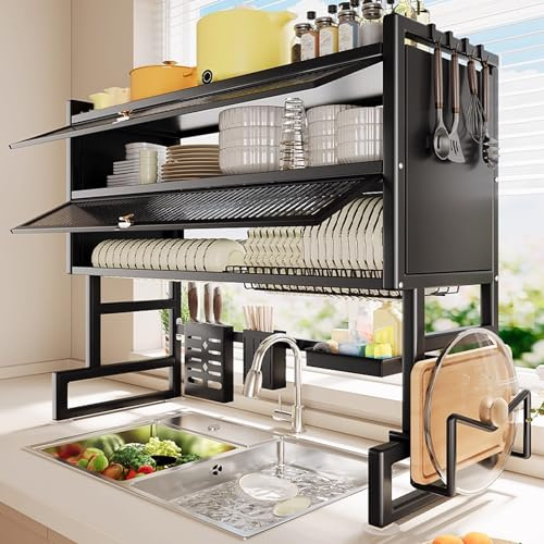DSEWTEZXI Doble capa Gran capacidad cocina escurreplatos, cocina encimera platos organizador, fregadero escurridor de platos, cubiertos escurreplatos para fregadero sobre.(95cm)
