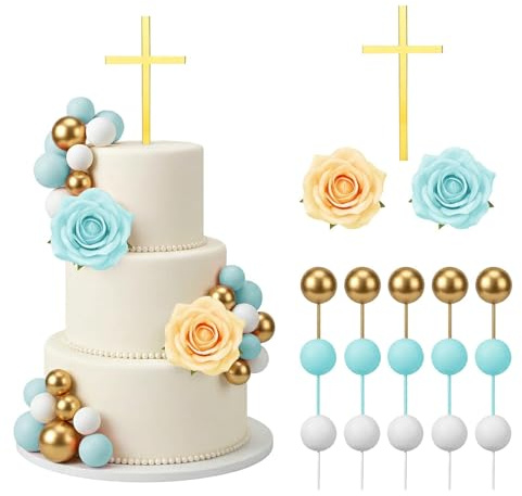 Kreuz Kuchen Dekoration Taufe, Cake Topper Kreuz für Torte, Tortendeko für Kommunion, Babyparty, Hochzeit und Geburtstag, Deko Junge-Blau