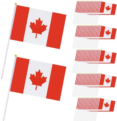 100 pcs drapeaux canadiens 5, 5 x 8, 3 pouces petits drapeaux du Canada à main vibrants résistants à la décoloration mini sur bâtons pour arrière-cour, jardin, terrains de sport