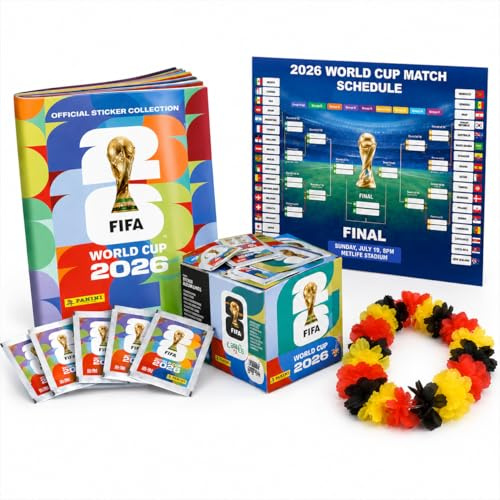 XXL Set Panini Coupe du Monde 2026 Album Original & 700 Stickers, 100 Pochettes, Calendrier des Matchs + Collier de Fleurs Allemagne, Bundle XXL à Collectionner