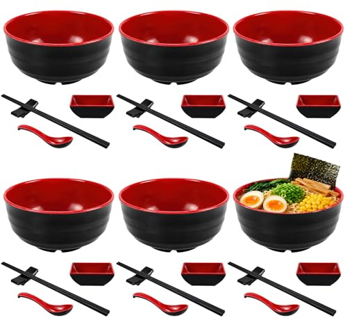 30 Stück Ramen Schalen Set für 6 Personen Japanisches Geschirr Set mit Suppenschalen Löffeln Essstäbchen Saucenschalen und Essstäbchen Ablagen für Nudeln Reis Suppe Schwarz Rot