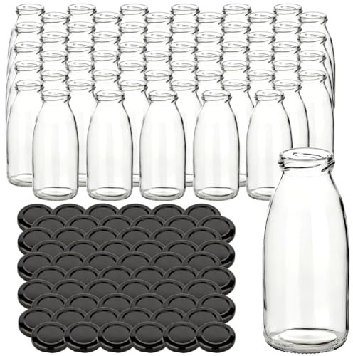 gouveo 60er Set Saftflasche 250 ml mit Schraubdeckel schwarz-matt BS - Glasflasche 0,25 l mit TO43 Verschluss - Leere Flasche für Saft, Smoothie, Limonade (SF250SZBS)