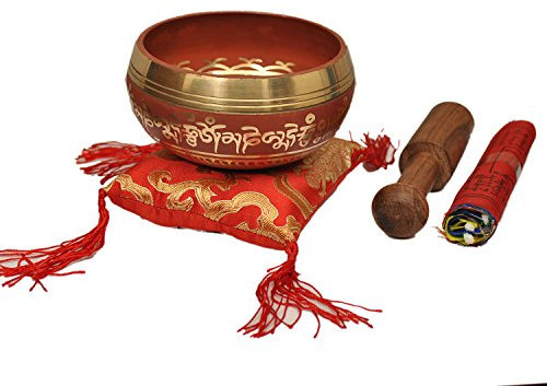 Tibetan Singing Bowl Set By Dharma Store - With Traditional Design Tibetan Buddhist Prayer Flag - Handmade in Nepal (Red)