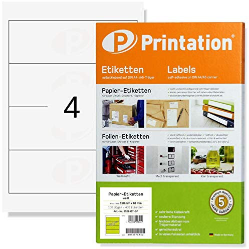 Printation Ordner-Rücken Etiketten breit 190 x 61 mm - 100 Ordnerrücken selbstklebend weiß bedruckbar auf 25 DIN A4 Bogen 1x4 190x61-4 Ordnerrücken Aufkleber pro A4 Bogen Ordnerrücken selbstklebend