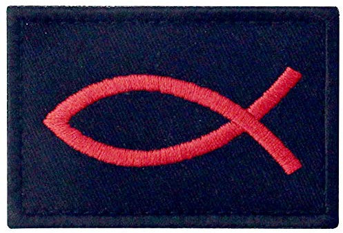 Jesus Fisch Ichthys Bestickter Aufnäher mit Haken- und Flauschbänder, Rot schwarz