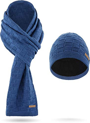 normani Grobstrick Winterset Schal und Mütze mit Fleece aus Merinowolle weich & warm Farbe Marine