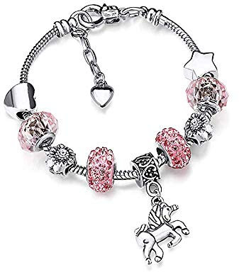 Einhorn Armband,Rosa Einhorn Glitzernden Kristall Charme Armreif mit Geschenk Box Satz für Mädchen Dame Geburtstagsfeier Gefälligkeiten
