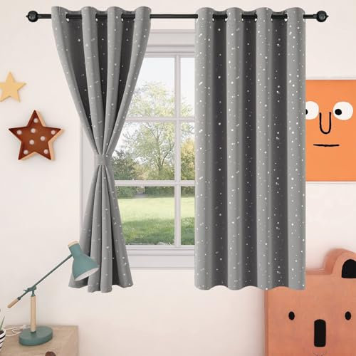 NAPEARL Sterne Verdunklungsvorhänge Kinderzimmer, 2 Stücke H 160 X B 132cm Gardinen mit Silbernen Sterne, Grau Blickdichte Vorhänge für Schlafzimmer, Kinderzimmer, Kindervorhänge mit Ösen