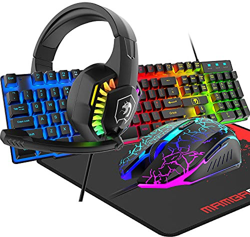 4 en 1 con Cable de 104 Teclas para Teclado de Juegos 3D estéreo para Juegos Combo con retroiluminación RGB Micrófono ergonómico Ajustable de 2400 dpi Ratones Grande Impermeable para PC Mac Gamer