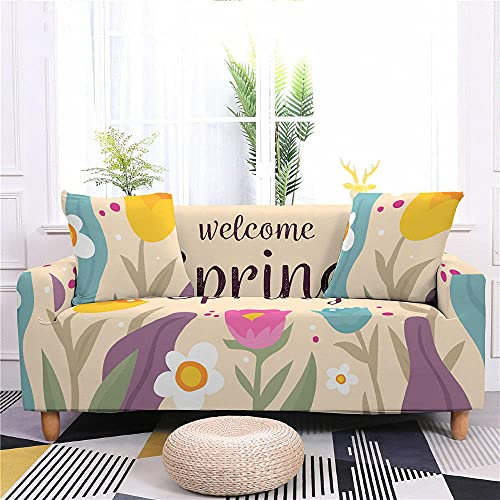 LNXSESN Sofabezug Beige Bunte Blumen Sofahusse Stretch Elasthan Couch überzug Abnehmbare Waschbar Sofa überzug Anti Rutsch Couchbezug Moderne Couchbezug Universal Sofaüberwurf 1 Sitzer 3 Sitzer