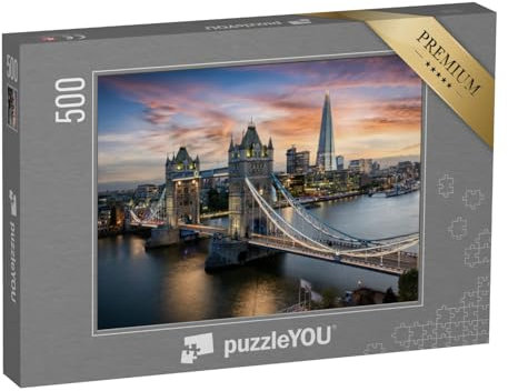 puzzleYOU: Puzzle 500 Teile „Blick auf die abendlich beleuchtete Tower Bridge, London, England“ – aus der Puzzle-Kollektion Europa, Städte, London, England, Brücken, Tower Bridge, Flüsse & Seen