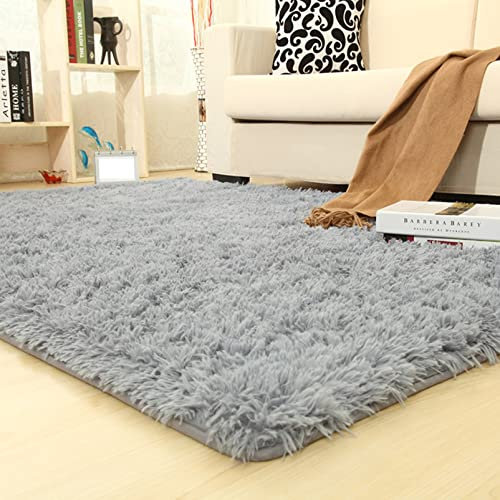 GOUER Langflor Teppich 200x220cm Langflor Flauschig Stabil Fusselfrei Ultra Soft Teppich für Schlafzimmer Wohnzimmer Wohnheim Kinderzimmer Home Dekorative Spielzimmer, Hellgrau