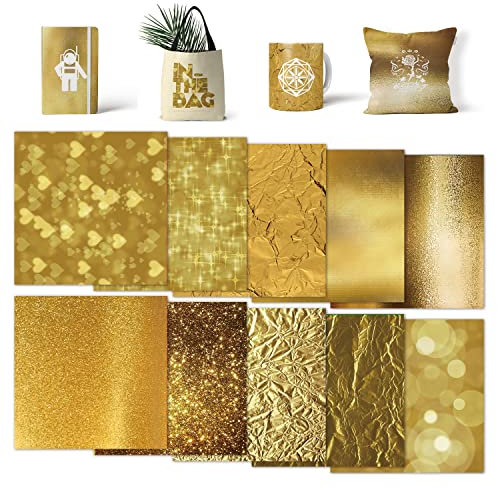 Lot de 10 feuilles de transfert insolubles - Papier de sublimation pailleté pour t-shirts, tasses, sous-verres, tasses, 30,5 x 30,5 cm (doré)