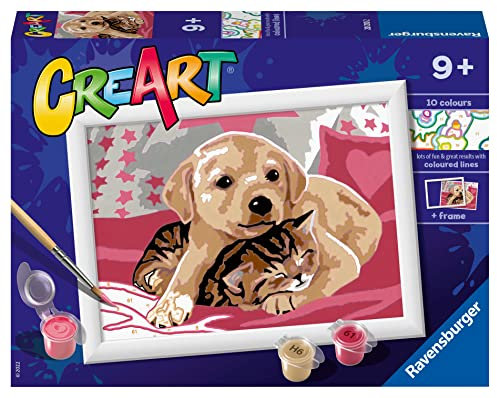 Ravensburger - Creart E: Gatito y Perrito | Pintar por Numeros Niños | Kit Manualidades Niños 9 años | Kit Pintura Niños Completo | Regalo Niña 9 Años | Incluye Marco 18x13cm