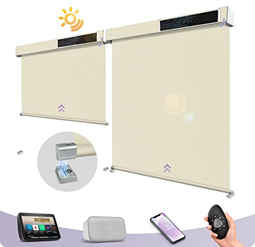 Graywind Customized Smart Outdoor Blinds Compatible Alexa Google, Waterproof Motorised Outdoor Shades with Remote, Exterior Window Solar Powered Outside Electric Blinds for Patio, 3% Gloam Beige