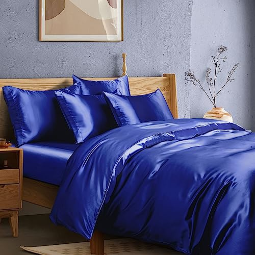 Manyshofu Royal Blue Satin Duvet Cover Set, Queen Size - 6Pc Bed Linen Set with Fitted Sheet & 4 Pillowcases