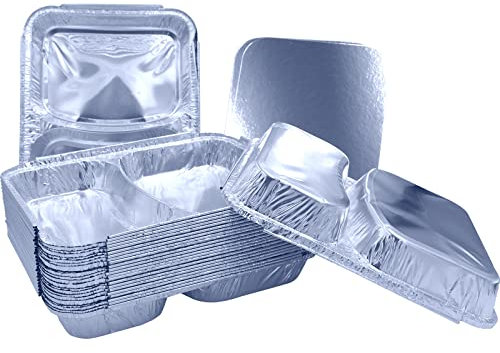 Sunrise Packaging 2 Compartment Food Container w/Lids [227 x 182 x 38mm] Food-Safe Take Away Pans, Freezer/Oven-Safe, Catering Aluminium Foil Containers, 50
