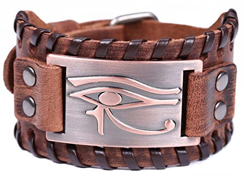 Eye of Horus Lederarmband für Herren, antikes ägyptisches Auge des Horuss, breites Lederarmband, Armreif, Talisman, heidnisches (Hieroglyphisches Ideogramm) Amulett Schmuck, Ohne Edelstein.