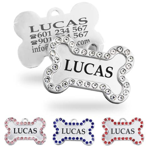 Ibera gifts - Hundemarke Mit Gravur - Personalisierte Hundemarke Für Mittelgroße Bis Große Hunde - Edelstahl 40 x 26 mm - Hundeanhänger Mit Gravur - Mit Strasssteinen (Weiß)