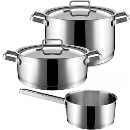 MBH - Juego de 2 ollas profesionales (20 y 24cm) y un cazo (16cm) de acero inoxidable para cocina industrial de hostelería. Batería de cocina apta para vitro, inducción y gas.