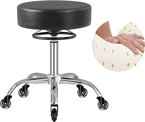OUTMASTER Rollhocker höhenverstellbar mit Rollen - 50-62cm,bis 180 kg belastbare Arbeitshocker,360° Drehhocker Hocker für Salon und Spa,aus Leder Hocker(Schwarz)