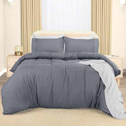 Utopia Bedding Bettwäsche 200x200 Set - Mikrofaser Bettbezug 200x200 cm + 2 Bestickte Kissenbezüge 50x75 cm - Grau